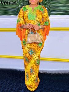 Casual Dresses Vonda Women Fashion Maxi Dress 2024 Tryckt 3/4 SLEEVE TASSEL SUNDRESS V-NECK LOOK BOHEMIAN HEALSY VINTAGE VESTIDOS