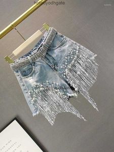 Kvinnor Jeans 2024 Spring Summer Denim Shorts for Women European High midjen Slim Bottom Ripped Pärlade fransade breda ben Korta byxor