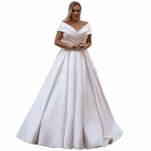 Semplice abito da sposa in raso con scollo a V al largo della spalla maniche corte Plus Size abiti da sposa classico A-Line pavimento abiti da sposa C7J7 #