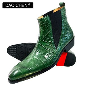 أحذية بوتس رفاهية أحذية الرجال الأخضر الأسود التمساح طباعة الكاحل أحذية غير رسمية الرجال اللباس الحذاء مكتب الزفاف الحقيقي أحذية الرجل أحذية