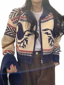 women Zip Up Knitted Cardigan Vintage Nordic Print Cropped with Zipper Sweater Korean Chic Autumn Winter Outfit B6C6#