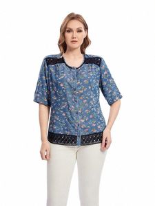 lih HUA Damen-Jeanshemd in Übergröße, Cott Woven Print-Hemd, kurzärmlig, Rundhalsausschnitt, lässiges Oberteil A1xR#