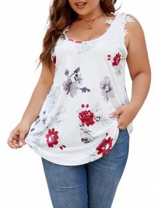 gibsie plus size spetsapplikationer blommigt tryck tank topp kvinnor sommar boho semester ärm o-hals lösa västblusar toppar l9yt#