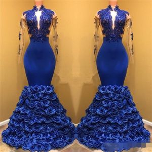 Royal Blue Black Girls Sirena Abiti da sera Maniche lunghe Applique in pizzo Buco della serratura Collo Abiti da ballo 3D Fiori di rosa Abiti da spettacolo319e