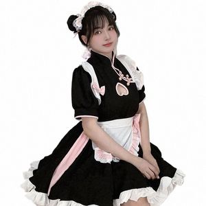 Estilo chinês Qipao Maid Uniform Lolita Dr Sexy Kawaii Maid Apr Dr Headwear Halen Café Garçom Trajes Cosplay t25n #