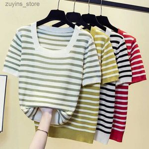 Kvinnors t-shirt 2023 Summer Stripe Ice Silk Kort ärm tröja Kvinnor Thin Top Robi Sticked Pullover Female Korean Fashion Clothes Knitwear24329