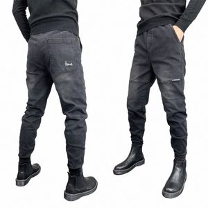 new Men's Luxury Italian Jeans Black Grey Stretchy Tapered Harem Pants and Embroidered Designer Elastic Waist Casual Trousers Q0w1#