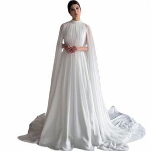 ramanda Simple Saudi Arabia High Neck Chiff Sweep Train Wedding Dr Cape Sleeves Simple Pleats Ruching A-line Bridal Gown n0uK#
