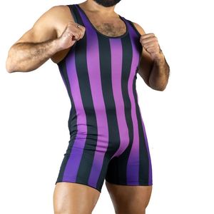 Fioletowe pionowe paski zapaśnicze Singlets Suit Boks Triathlon One Piece Bodysuit Iron Men Men Szybźno siłownia Sport Fitness Skusuit 240319