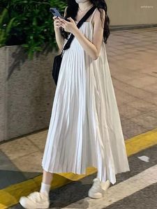 Casual Dresses Pleated Women Summer Ladies Temperament Sweet Vintage Korean Style Fashion Ulzzang Simple All-match Sleeveless Classic