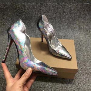 Elbise ayakkabılar gümüş parlak yüksek topuklu kadınlar sivri ayak parmağı pompalar dalgalı tahıl bahar seksi topuk düğün bayan