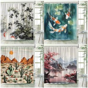 Shower Curtains Japanese Style Green Bamboo Koi Carp Tropical Cactus Mountain Water Landscape Fabric Bathroom Decor With Hooks