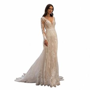 Moderna sirena di pizzo da sposa Dr Lg manica con scollo a V Sexy Illusi Torna abito da sposa sexy profondo scollo a V Abiti da sposa Modernos B6Zg #