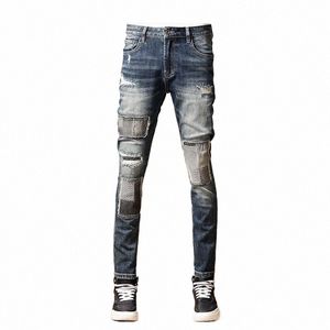 Street fi män jeans retro ons blå stretch mager fit rippade jeans män lapped designer hip hop denim penna byxor homme i3to#