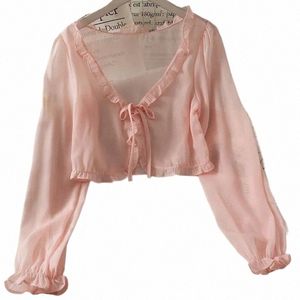 Plus -storlek Chiff Ruched Thin Flare Sleeve Casual Cardigan Female Summer Elegant tröja Ny rosa koreanska FI Womens kläder H3OU#