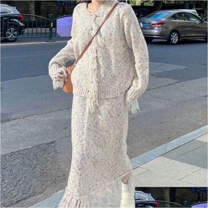 Vestidos de trabalho outono inverno chique malha duas peças conjunto mulheres borla designer elegante midi saia terno feminino coreano moda casual 2024 othbl