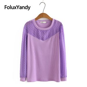 Tops Transparent Lace Long Sleeve Tshirts Plus Size Women Tops Casual O Neck Embroidery Loose Autumn Tops KKFY6277