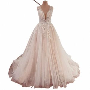 Elegant V-hals Wedding Dres Lace Appliques Sleevel Backl Boho Bröllopsklänningar plus storlek Brud Dr Robe de Mariee N9se#