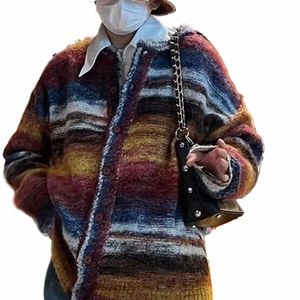 Retro gestreifter gestrickter Pullover Vielseitiger Unisex-beiläufiger Herbst-Winter-loser V-Ausschnitt-Cardigan für Männer Frauen z9Pw #