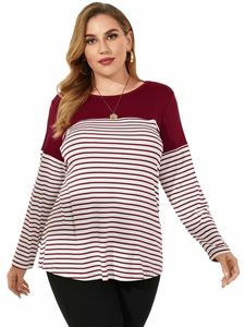 plus Size Lg Sleeve Casual Striped T-shirt Women Round Neck Knit Spring Autumn Elegant Work Office Top Tee Blouse 5XL 6XL 7XL E2nA#