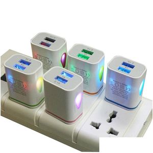 Adattatori per telefoni cellulari disponibili 5V 2.1A Gocce d'acqua Luce a led Doppie porte USB Us Spina europea Caricatore da muro CA Adattatore di alimentazione a ricarica rapida Fo Ot5Ka