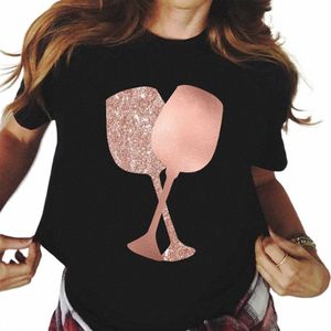 New Rose Gold Wine Glasses Camisetas Mulheres de manga curta Camiseta Wine Glass Engraçado Camisetas 90s Ulzzang Feminino Preto Tops Tees 30dD #