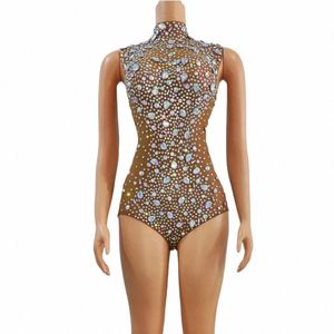 Glitter Rhineste Bodysuit Women Sleewel Drag Queen Stage Wear Costume Dancer Singer Sexig Body Suit D9ru#