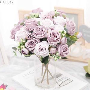 Flores decorativas grinaldas 6 cabeças outono rosas de seda artificial flores roxas buquê de noiva vaso diy casa sala de estar decoração de casamento presente falso florall2403