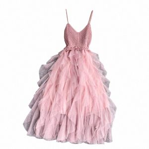 الصيف Summer Sling Sling Gauze Tulle Dr Women Knit v-Deec Sexy Backl Lg Dres Sweet Mesh Pink Party Dr Vestidos U5aw#