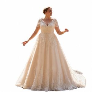Elegant A-Line Boho Wedding Dres Plus Size V Neck Korta ärmar Lace Up Back Brudklänningar Applices Vestidos de Novia J5i5#