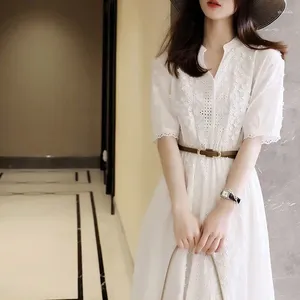 Work Dresses Summer Elegant Fashion White Embroidery Hollow Dress Ladies Short Sleeve Simple Casual Waist A-line Sweet Cotton Robe