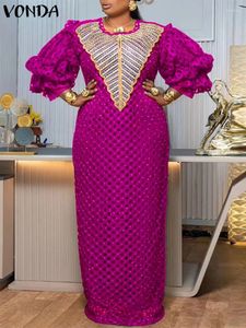 Casual Kleider Vonda Elegante Party Kleid Frauen Lange Puff Sleeve Maxi Sommerkleid 2024 Böhmischen Gedruckt Vintage Lose Bandage Vestido Robe