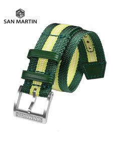 San Martin högkvalitativ färgglad nylonband skarvat lädermaterial 20mm universell typ Watch Band 316L rostfritt stål spänne 240315