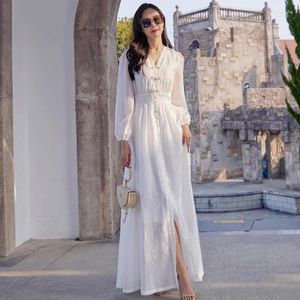 Casual Dresses Women Spring Summer White Ankle-Längd Dress Fashion V-ringen långärmad semester elegant flödande smal