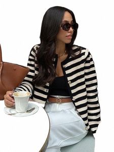 FI Schwarz Weiß Streifen Gestrickte Pullover Für Frauen 2024 Vintage Einreiher Strickjacke Weibliche Elegante LG Sleeve Strickwaren Z57a #