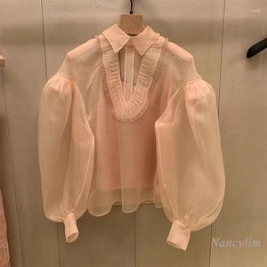 Kvinnors blusar 2024 Spring Korean Style Shirt For Women Two-Piece Fashion Long Lantern Sleeve Pink Blouse Top