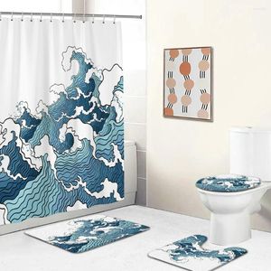 Shower Curtains Blue Ocean Sea Waves Print Curtain Japanese Style Waterproof Bathroom Home Decoration Non-Slip Rugs Bath Mat Set