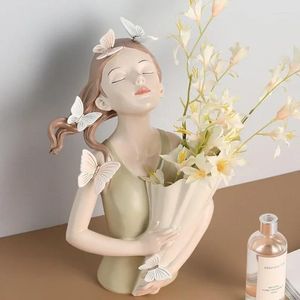 Vaser desktop dekorativ blommor vas hantverk hänge fjäril tjej skulpturer inre hem harts ornament hushållsdekoration