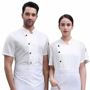 Roupas de chef de hotel com gola única, manga curta, uniforme de cozinha, mistura de cott, camisa de chef, roupas de cozinha de restaurante O22i #