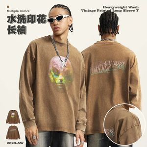 BE Men's Wear | 2023 Autumn/winter Washed Old ET Alien Print Long Sleeved T Trendy Brand Loose Top for Men