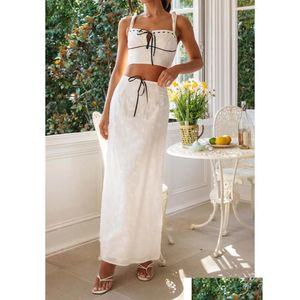 Work Dresses Women Vacation 2 Piece Skirt Outfits Summer Sleeveless Crop Tank Top High Waisted Ruffle Maxi Beachwear Drop Delivery App Ot7Hp