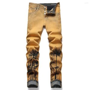 Män jeans män vintage stretch denim streetwear träd blad tryckta byxor knapp slim avsmalnande byxor