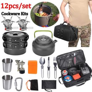 Camp Kitchen 2-3 Person Camping Cookware Set Aluminium Alloy Rostfritt stål utomhus Kettle Bowl Spoon Knife Fork Pot Stek Stekpanna Tillbehör 240329