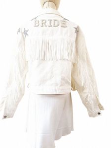 denim Jacket With Stars White Fringe Pearl & Rhineste Persalized Bride Jacket Custom Mrs.Jean Wifey Denim Wedding Coats Tops p1Fx#