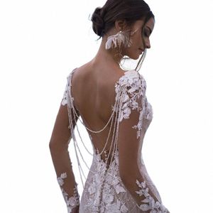 sexy Backl Lg manica in pizzo sirena da sposa Dr 2024 New Bridal in rilievo Appliques elegante scollo a V Beach Bride Dr e31A #