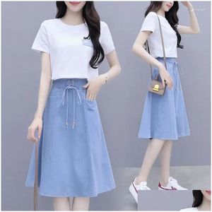 Vestidos de trabalho Mulheres Verão Denim Saia Manga Curta T-shirt de Algodão 2 Pcs Set Feminino Casual Saias Finas Elegante Terno Menina W3 Drop Entregar Otwzh