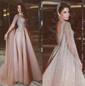 Parti Elbiseleri Şampanya Rhinestone Prom Crystal Boncuklu Boncuklu Resmi Gece Elbise Cape Zemin Uzunluğu Özel Yapımı Gowns