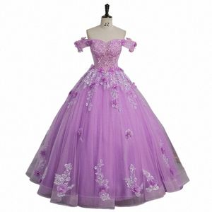 肩から新しいQuinceanera Dres Purple Tulle Length Ball Gown Sweet Lace fr Vestido de Debutante Plus Size C1VJ＃