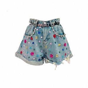 Kvinnors streetwear färg diamd denim shorts design amerikansk hål paljett fi y2k jeans shorts sommar casual löst shorts q5th#