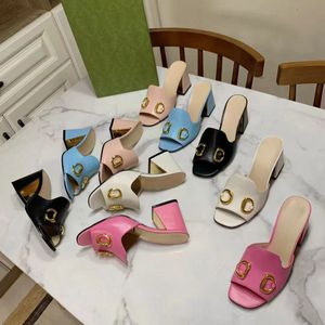 Two G embroidery slipper 3cm 7cm Chunky heel slides gold horse buckle Sandals Square Toe Sandal Classic vintage heels pumps Women's high heels dress shoes plus size